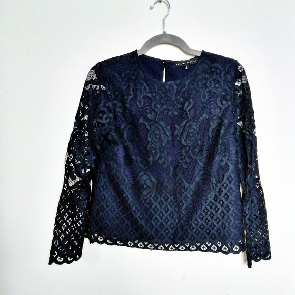 English Factory Dark Blue Lace Blouse Size Medium - Picture 1 of 8